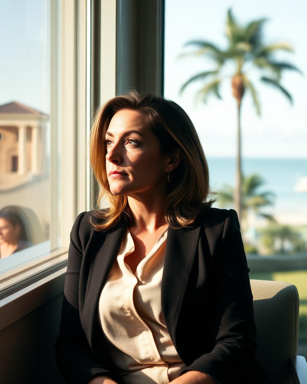 A woman laughing at sunset on a Florida beach