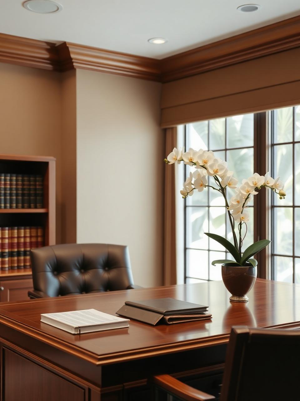 A refined South Florida law office interior with warm natural light